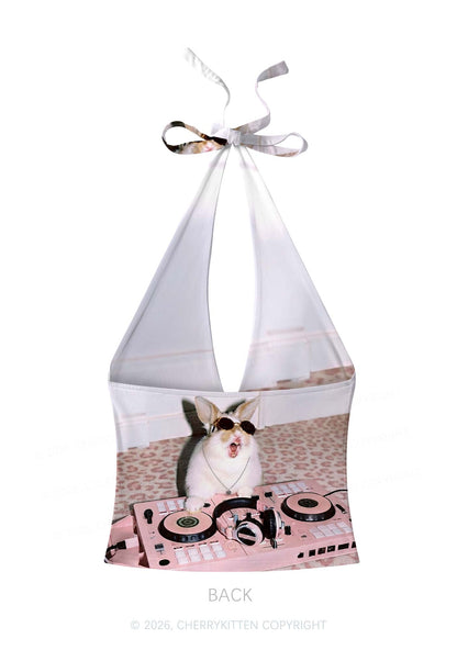 Dj Bunny Y2K Print Halter Deep V Neck Cami Cherrykitten