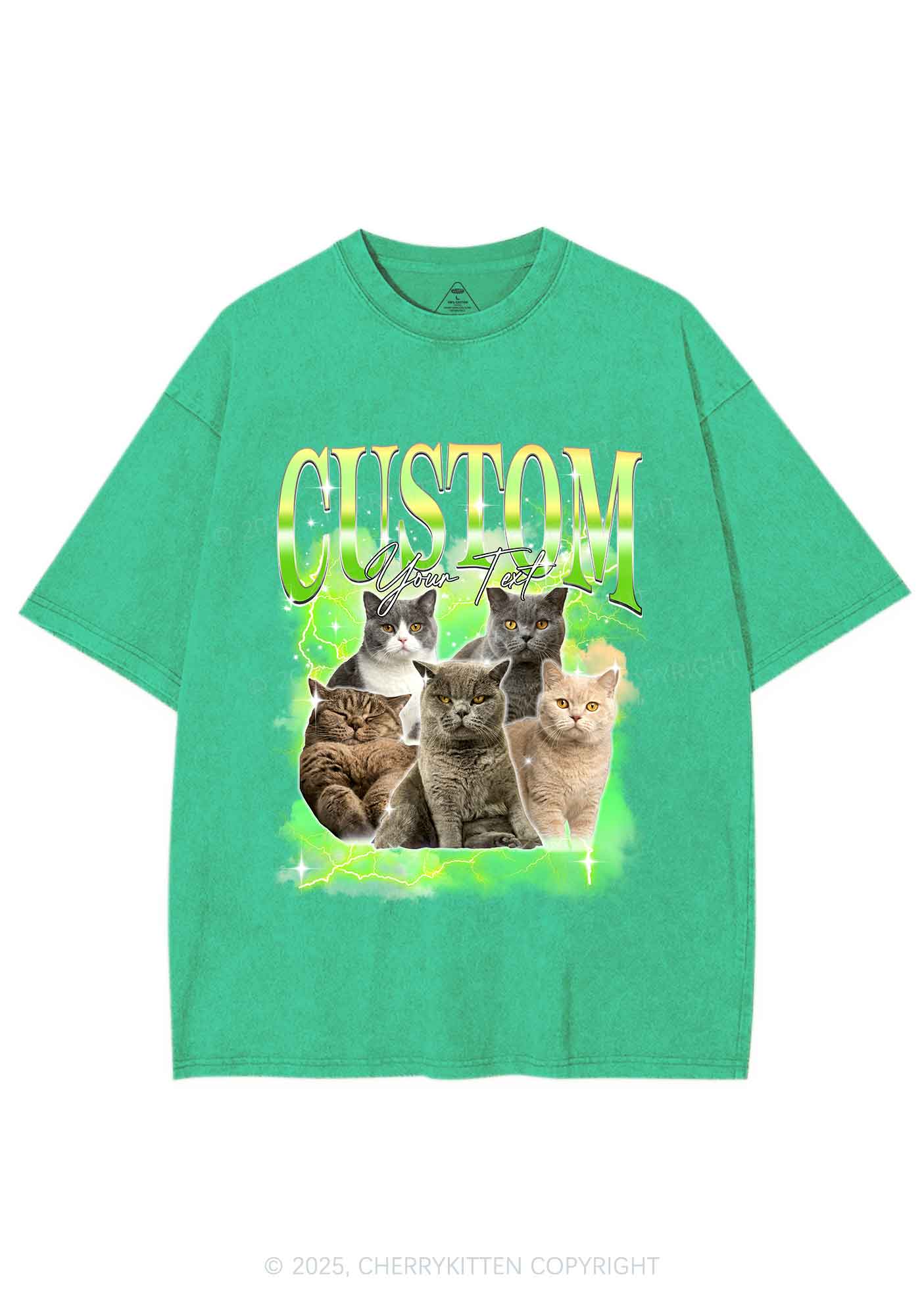 Custom Neon Lightning Cat Photo Y2K Shirts Washed Tee Cherrykitten