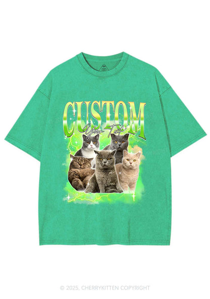 Custom Neon Lightning Cat Photo Y2K Shirts Washed Tee Cherrykitten