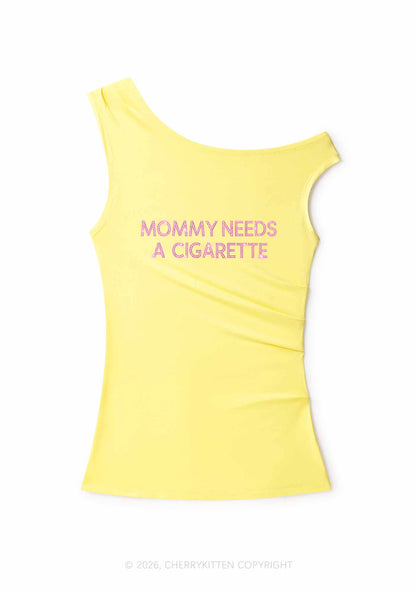 Rhinestone Mommy Needs Cigarette Y2K Off Shoulder Tank Top Cherrykitten