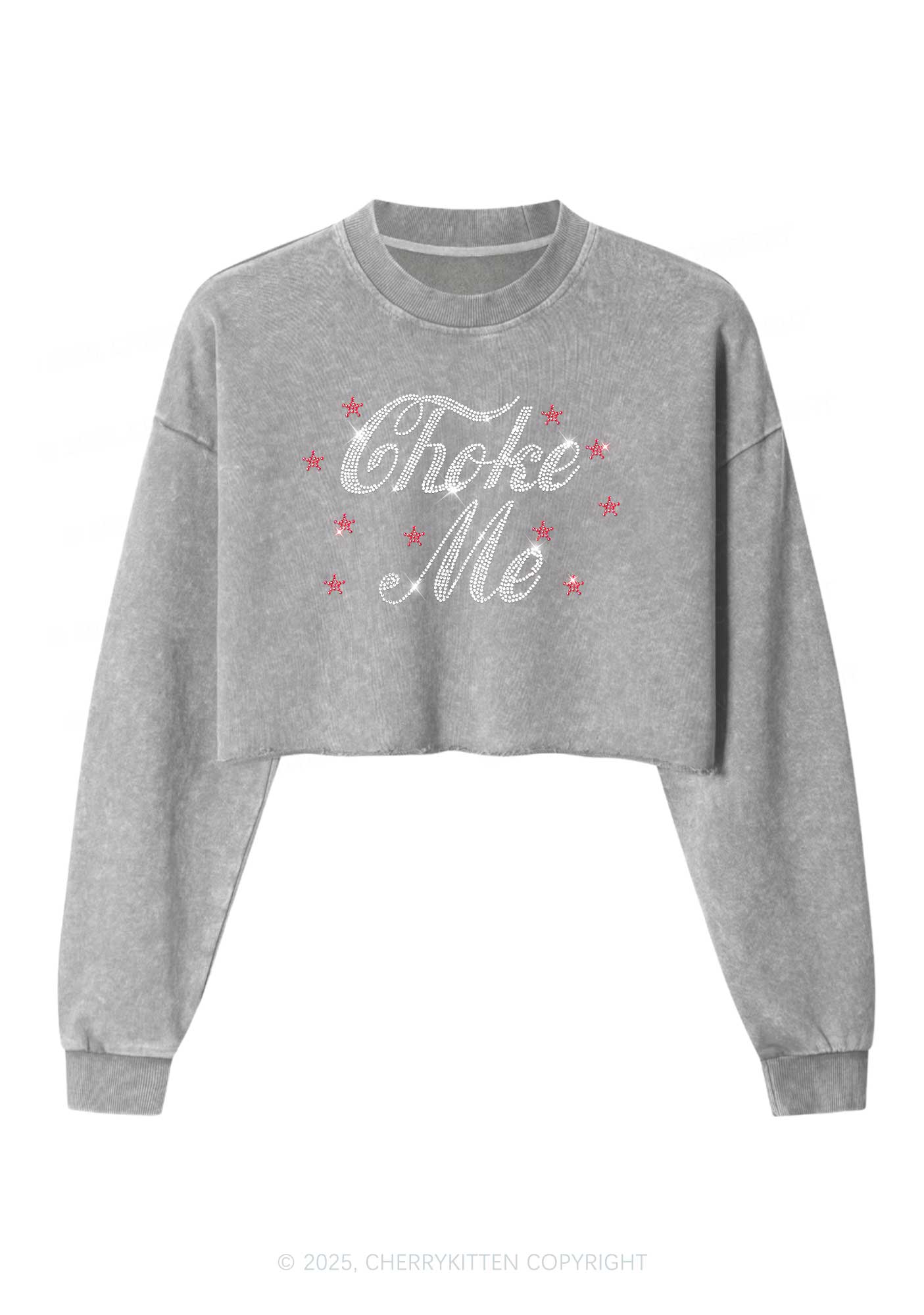 Rhinestone Choke Me Y2K Crop Washed Sweatshirts Cherrykitten
