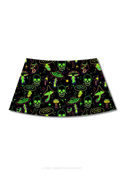 Neon Skull Mushroom Y2K Print Mini Skirt Cherrykitten