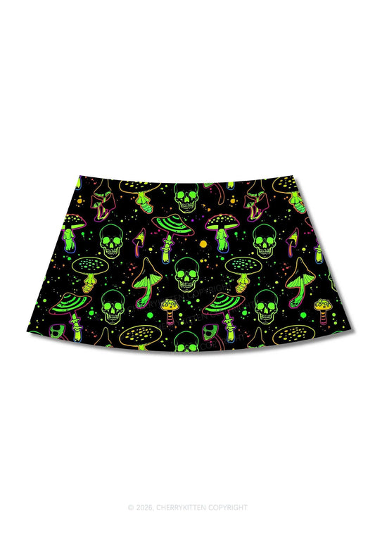 Neon Skull Mushroom Y2K Print Mini Skirt Cherrykitten