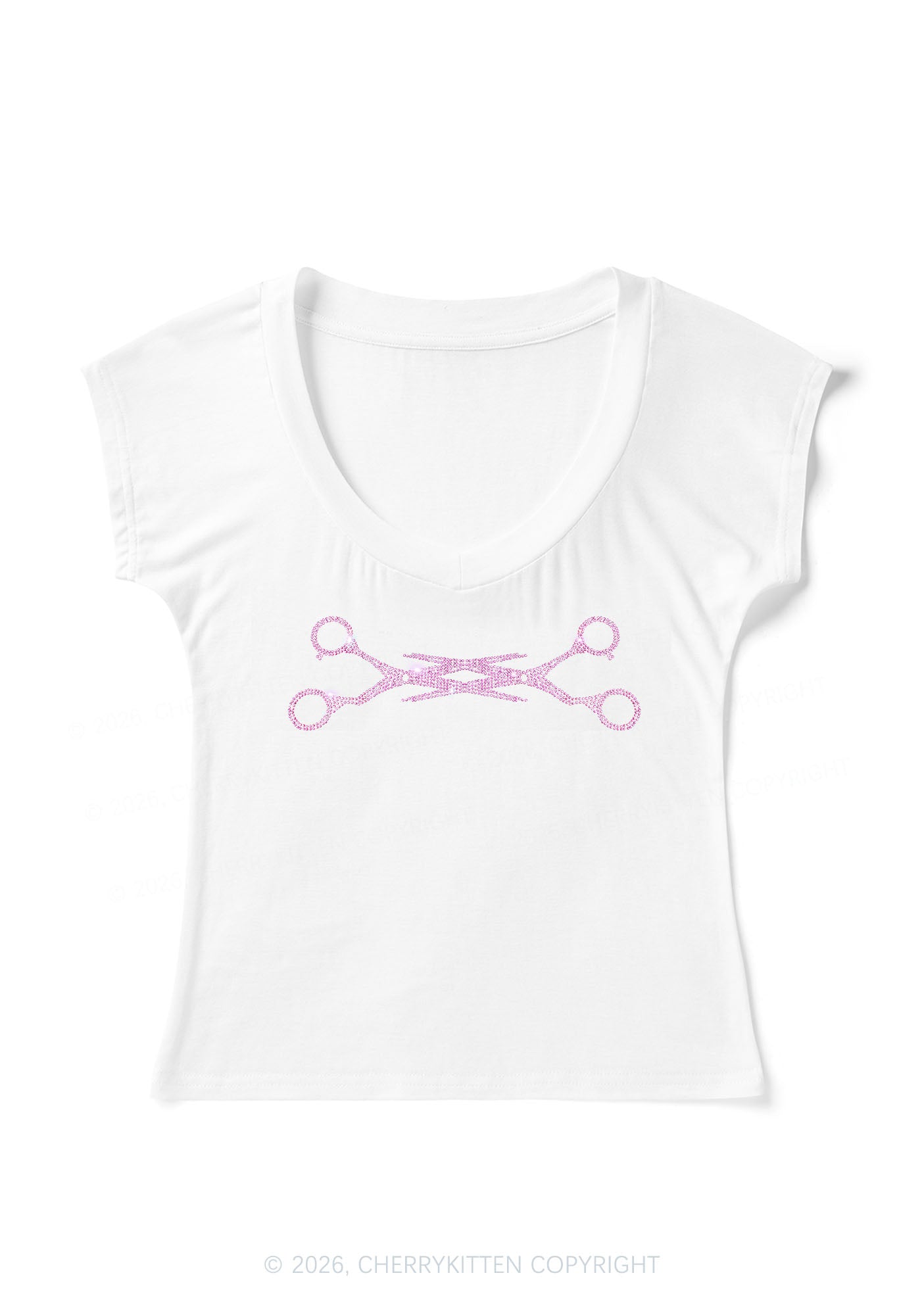 Rhinestone Pink Scissor Pride Y2K V Neck T Shirts Cherrykitten