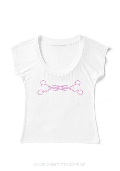 Rhinestone Pink Scissor Pride Y2K V Neck T Shirts Cherrykitten