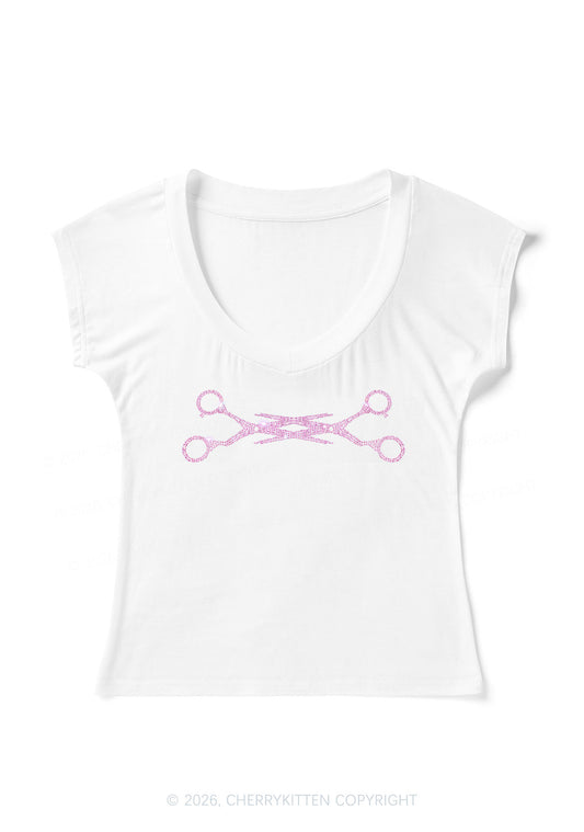 Rhinestone Pink Scissor Pride Y2K V Neck T Shirts Cherrykitten