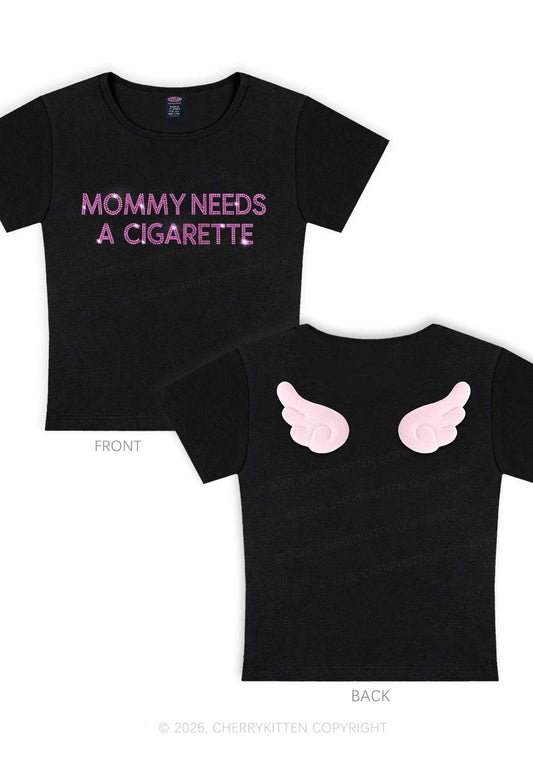 Rhinestone Mommy Needs Cigarette Y2K Goth Angel Wings Baby Tee Cherrykitten