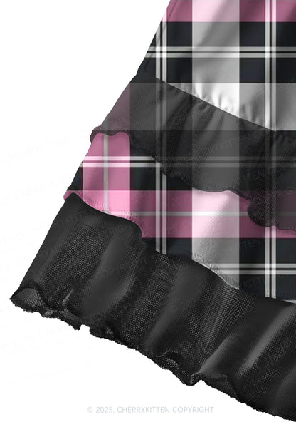 Pink And White Plaid Y2K Print Mini Layered Skirt Cherrykitten