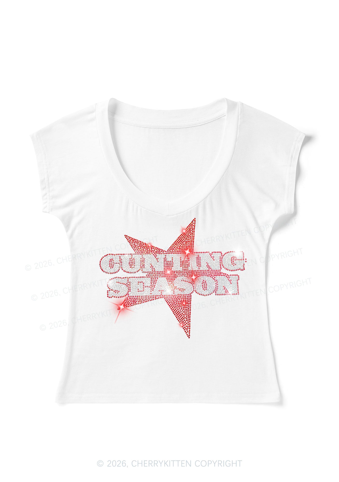 Rhinestone Cxxting Season Y2K V Neck T Shirts Cherrykitten