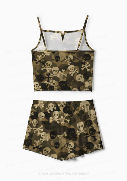 Halloween Camouflage Skulls Y2K Print Cami Shorts Pajama Set Cherrykitten