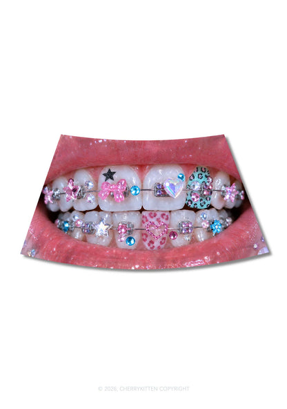 Sparkle Braced Mouth Art Y2K Print Mini Skirt Cherrykitten