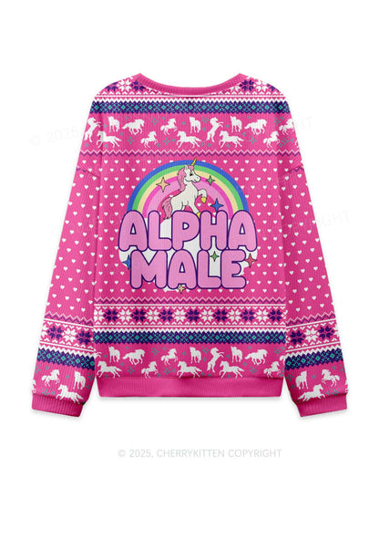 Rainbow Unicorn Alpha Male Y2K Christmas Knit Sweatshirt Cherrykitten