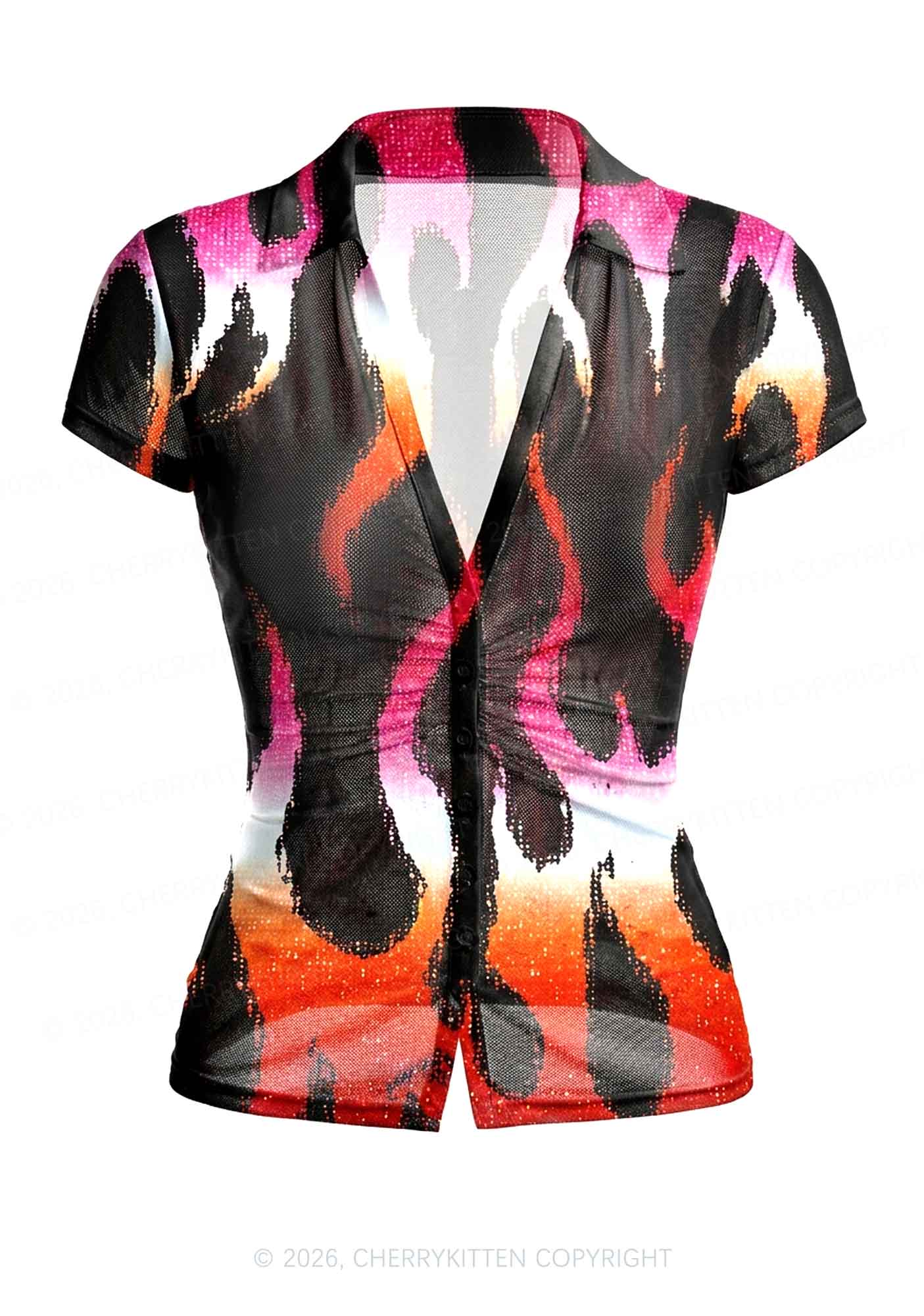 Lesbian Flame Pride Y2K Mesh Ruched  Waist  V Neck Top Cherrykitten