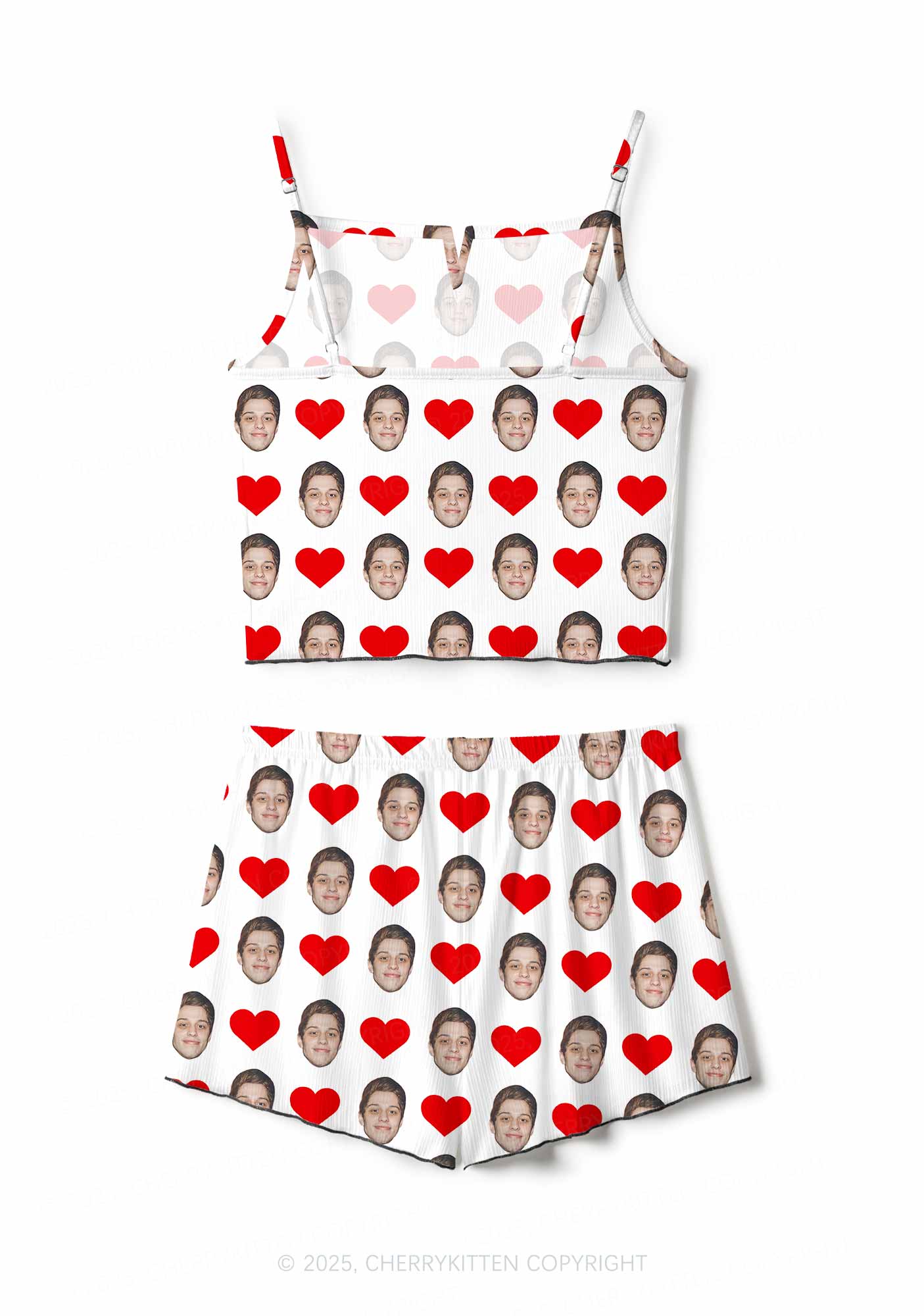Custom White Hearts Photo Y2K Valentine's Day Y2K Print Cami Shorts Pajama Set Cherrykitten