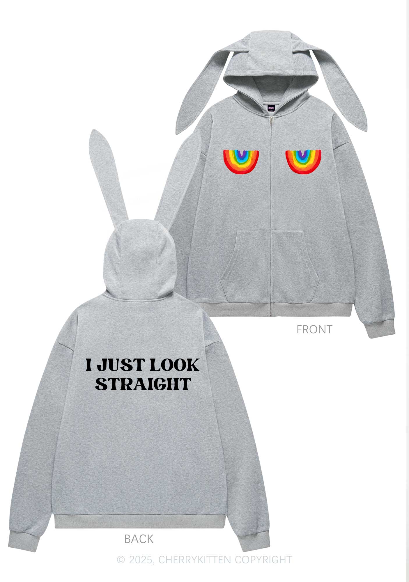 I Just Look Straight Y2K Bunny Ear Zip Hoodie Cherrykitten