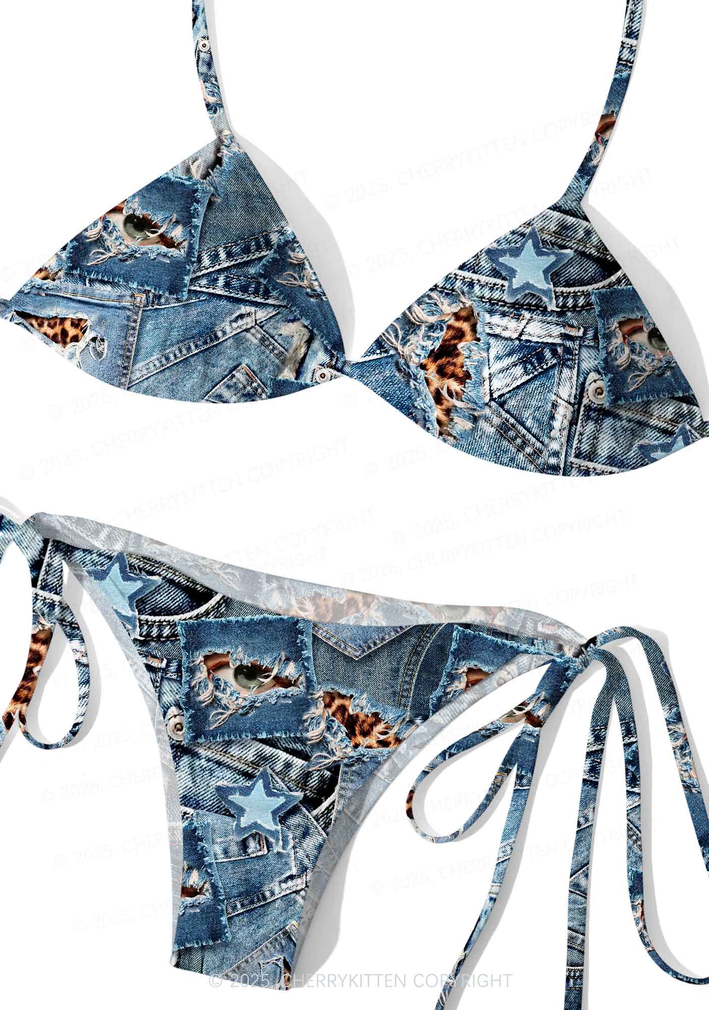 Denim Patchwork Y2K Print Bikini Set Cherrykitten