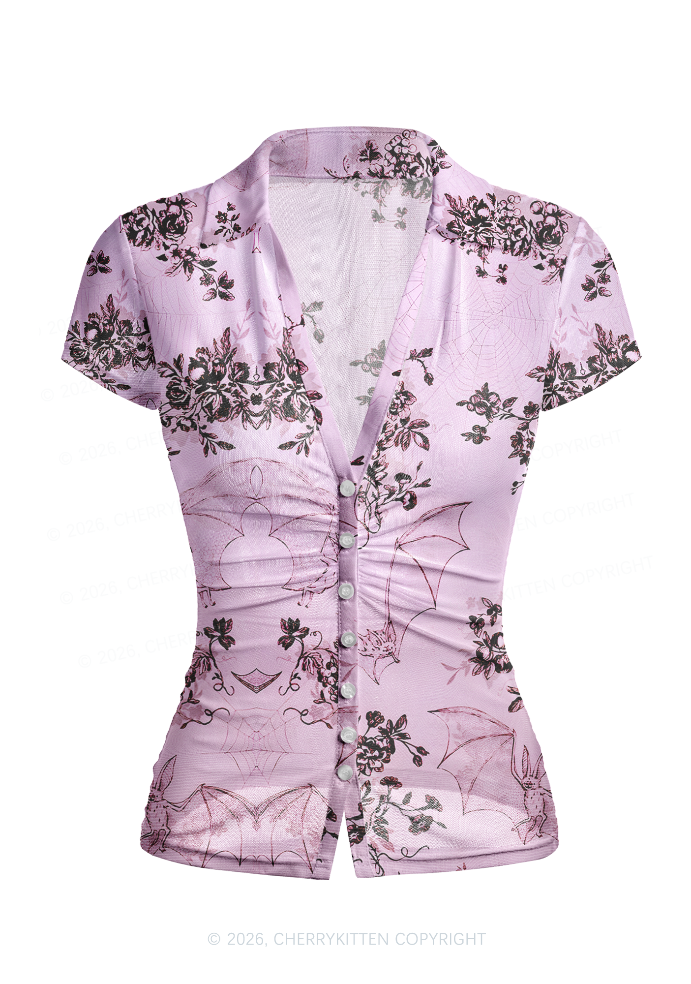 Pink Bat Y2K Mesh Ruched Waist V Neck Top Cherrykitten