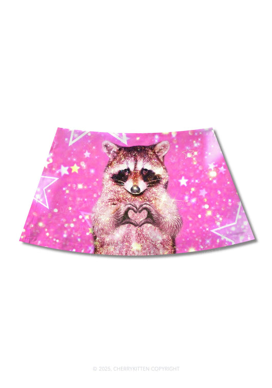 Sparkly Raccoon Heart Valentine's Day Y2K Print Mini Skirt Cherrykitten