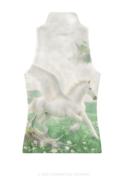 White Winged Horse On Meadow Y2K Knit Turtleneck Tank Top Cherrykitten