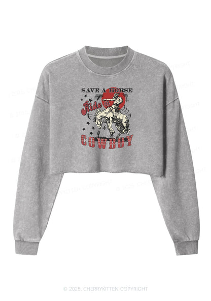 Ride A Cowboy Y2K Crop Washed Sweatshirts Cherrykitten