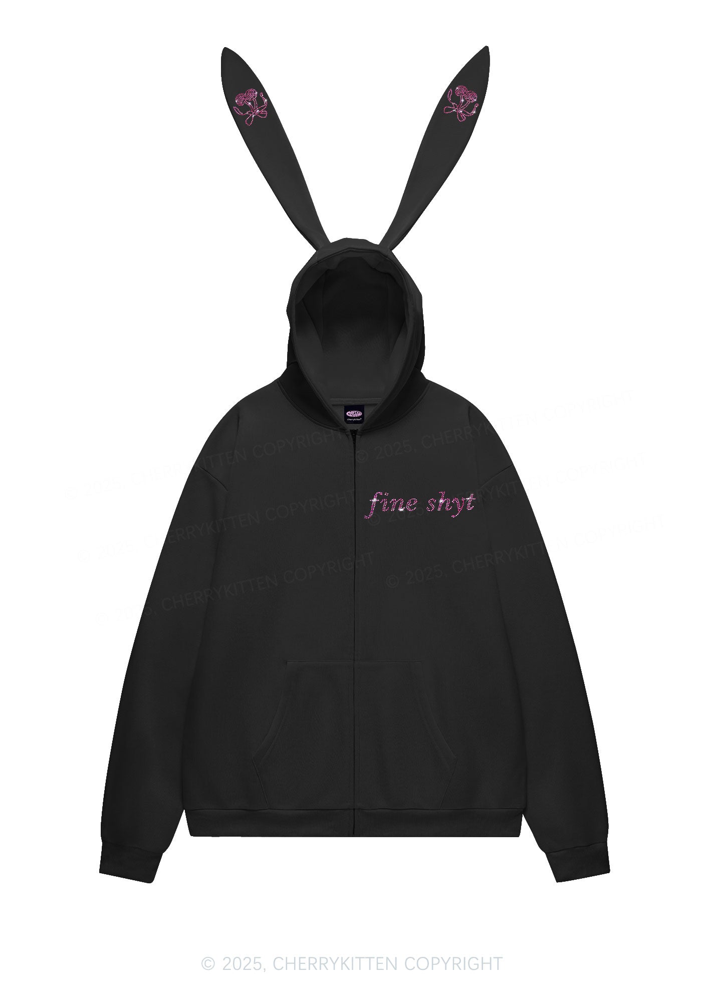 Rhinestone Fine Shyt Y2K Bunny Ear Zip Hoodie Cherrykitten