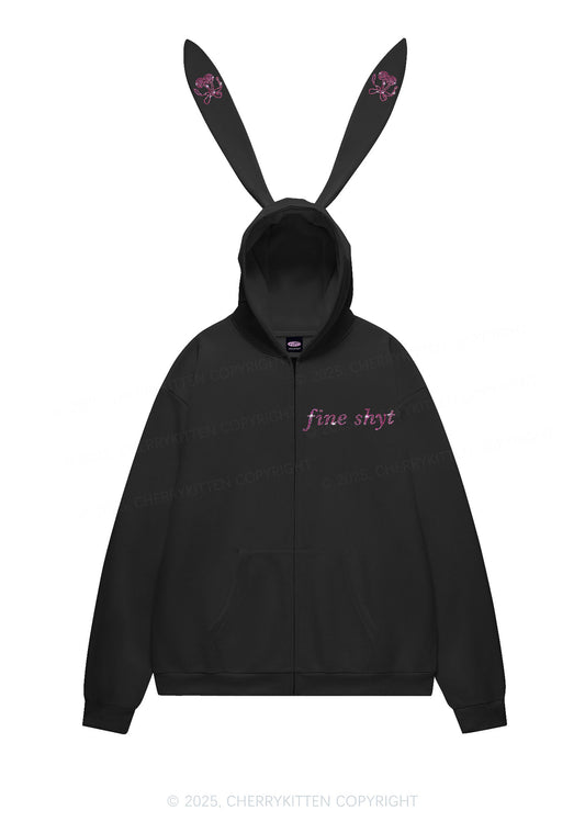 Rhinestone Fine Shyt Y2K Bunny Ear Zip Hoodie Cherrykitten