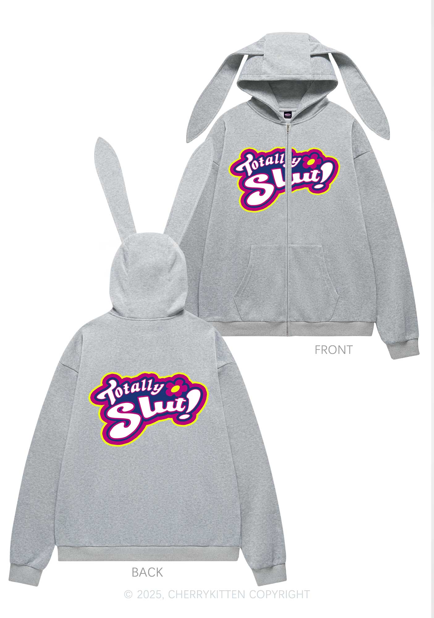 Totally Slxt Y2K Bunny Ear Zip Hoodie Cherrykitten