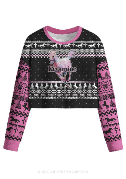 Pink Horse Y2K Christmas Crop Knit Sweatshirt Cherrykitten