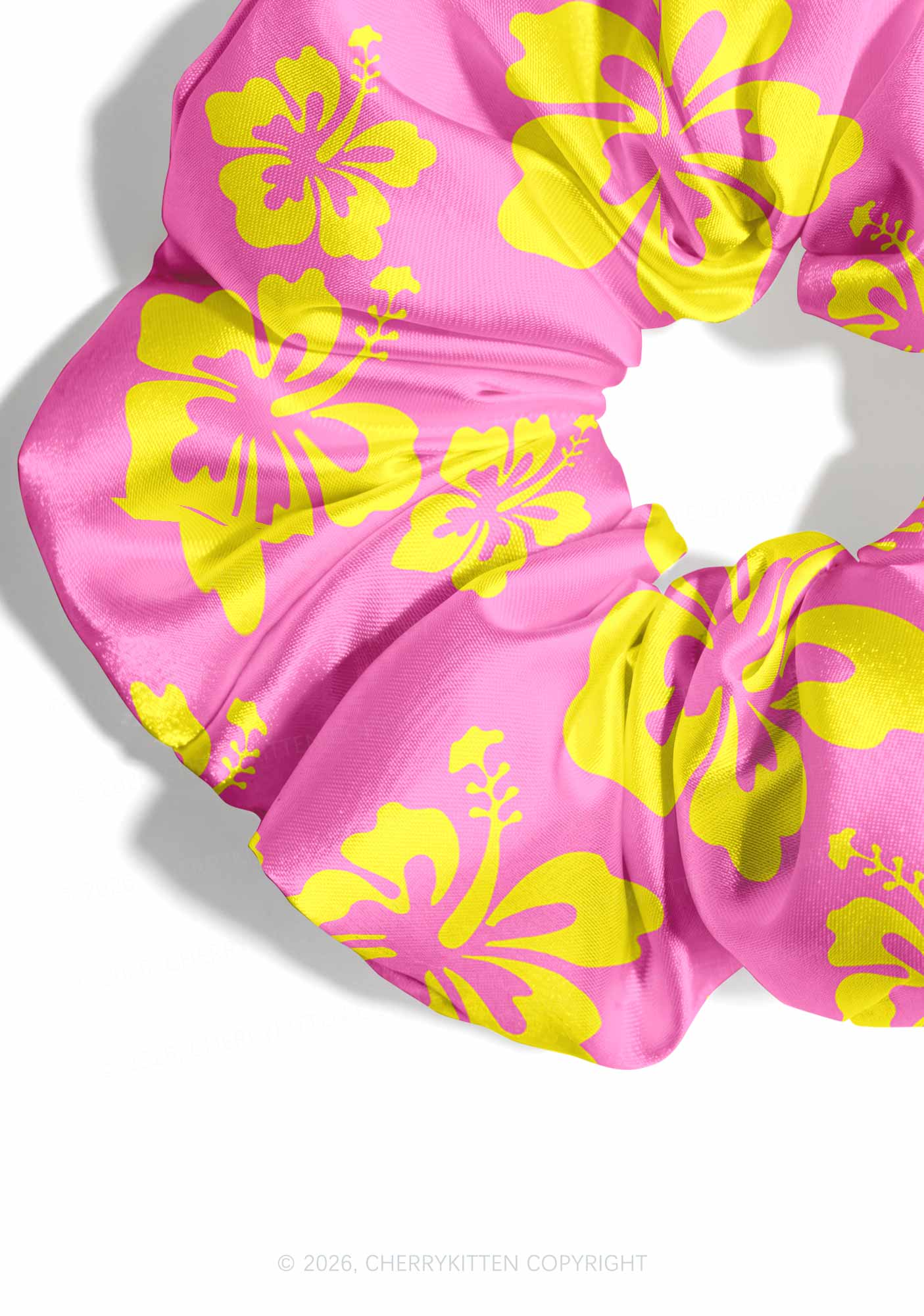 Yellow Floral On Pink Y2K Hair Scrunchie Cherrykitten