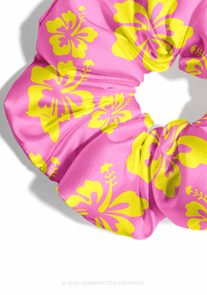 Yellow Floral On Pink Y2K Hair Scrunchie Cherrykitten