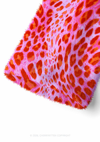 Pink And Orange Leopard Y2K Print Fuzzy Straight Leg Warmers Cherrykitten