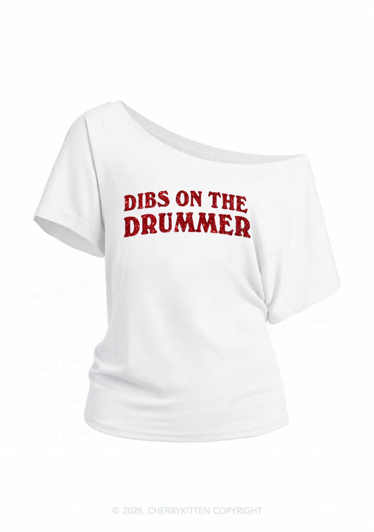 Glitter Dibs On The Drummer Y2K Off Shoulder Tee Cherrykitten