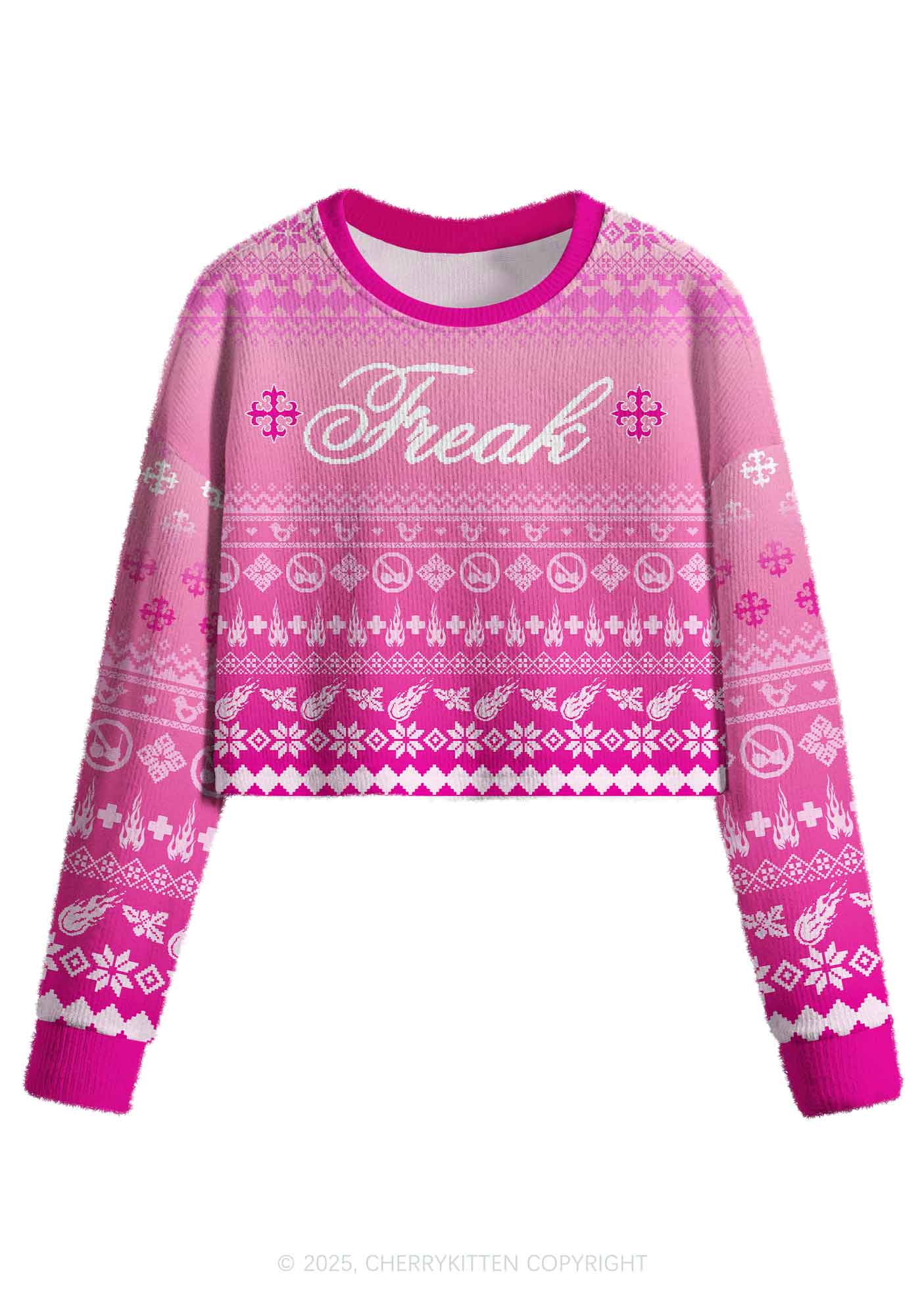 Pink Freak Y2K Christmas Crop Knit Sweatshirt Cherrykitten
