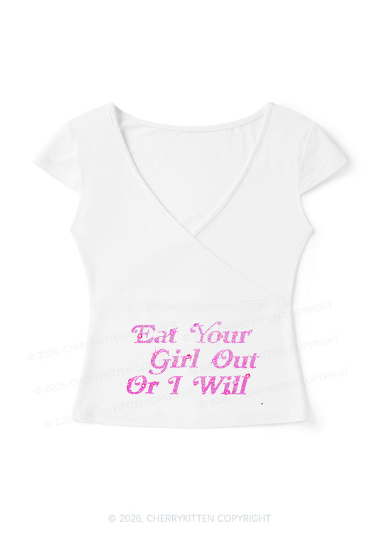 Rhinestone Eat Your Girl Out Y2K Wrap V Neck T Shirts Cherrykitten