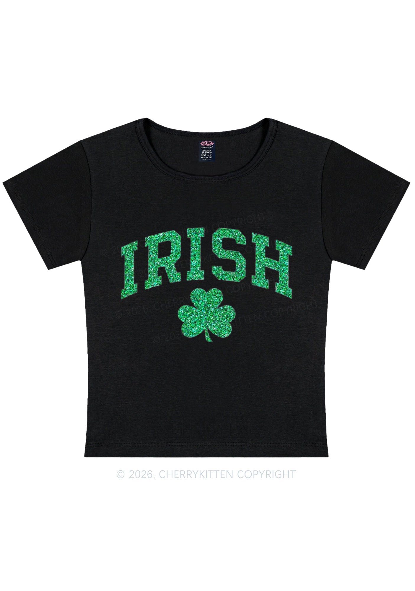 Glitter Irish Shamrock St Patricks Y2K Baby Tee Cherrykitten