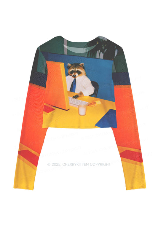 Office Raccoon Y2K Mesh Long Sleeve Crop Top Cherrykitten