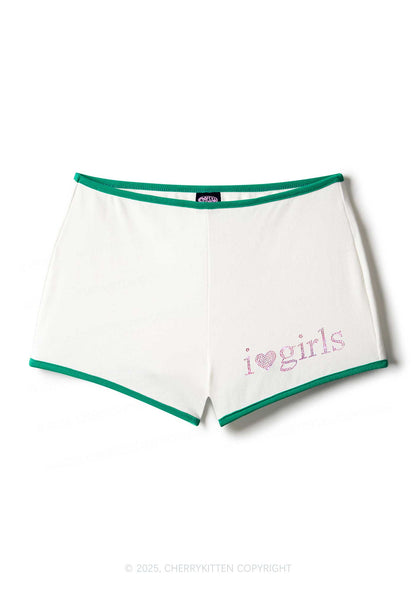 Rhinestone Pink I Love Girls Y2K Booty Shorts Cherrykitten