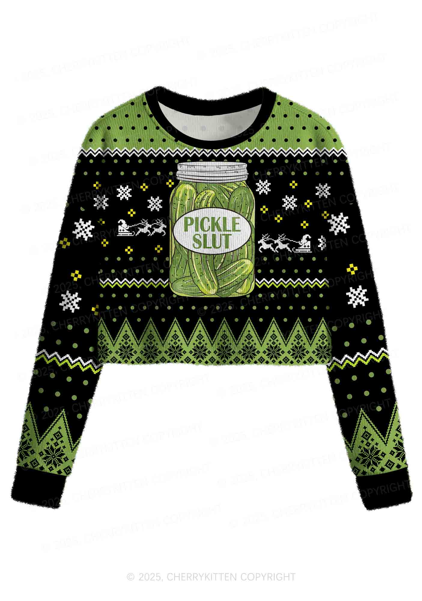 Green Pickle Slxt Y2K Christmas Crop Knit Sweatshirt Cherrykitten
