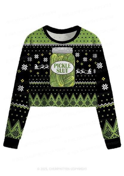 Green Pickle Slxt Y2K Christmas Crop Knit Sweatshirt Cherrykitten