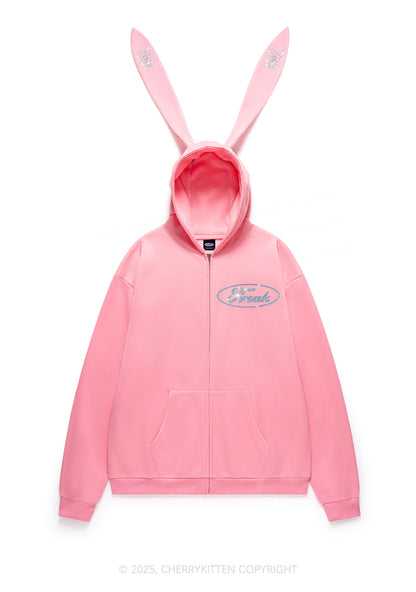 Rhinestone Freak Y2K Bunny Ear Zip Hoodie Cherrykitten