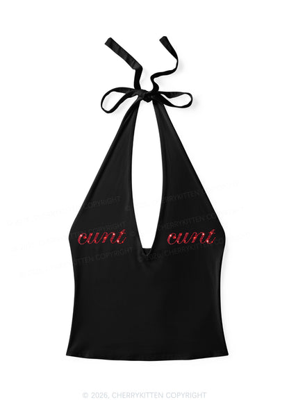 Rhinestone Two Cxxts Y2K Halter Deep V Neck Cami Cherrykitten
