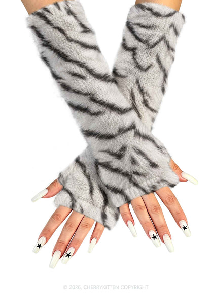 White Tiger Stripe Y2K Print Fuzzy Arm Warmers Cherrykitten