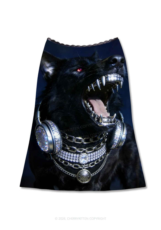 Hip Hop Black Wolf Y2K Print Midi Skirt Cherrykitten