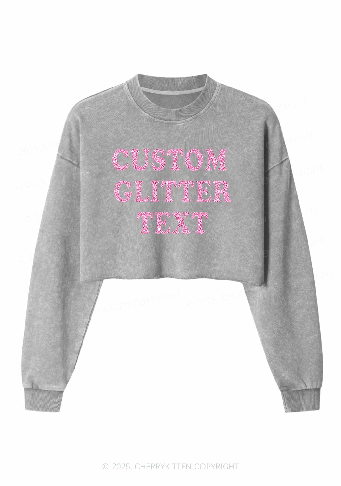 Custom Text Glitter Y2K Crop Washed Sweatshirts Cherrykitten