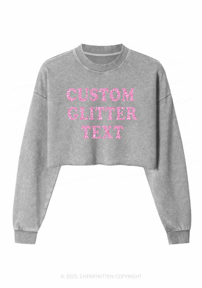 Custom Text Glitter Y2K Crop Washed Sweatshirts Cherrykitten