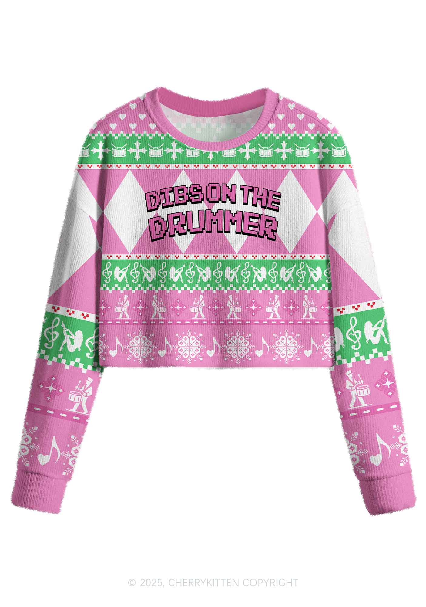 Dibs On The Drummer Y2K Christmas Crop Knit Sweatshirt Cherrykitten