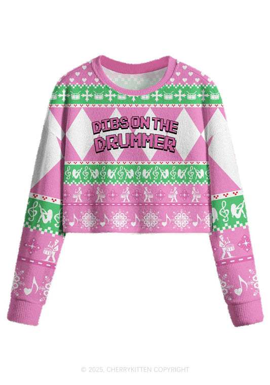 Dibs On The Drummer Y2K Christmas Crop Knit Sweatshirt Cherrykitten