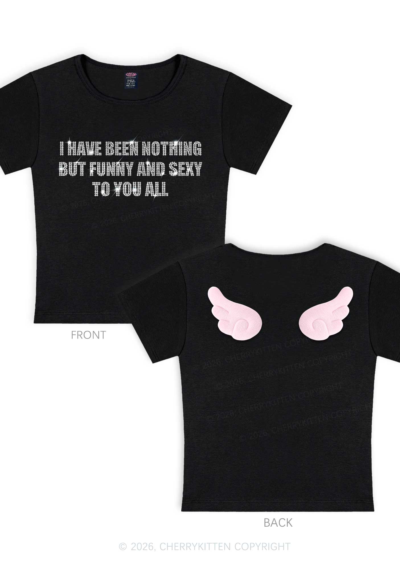 Rhinestone I Have Been Funny Y2K Goth Angel Wings Baby Tee Cherrykitten