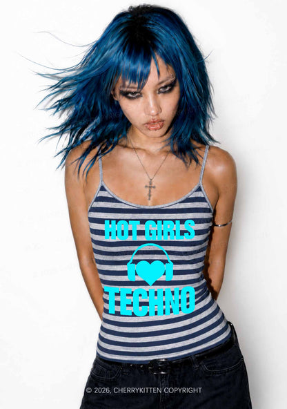 Hot Girls Love Techno Y2K Navy Grey Striped Spaghetti Strap Cami Cherrykitten