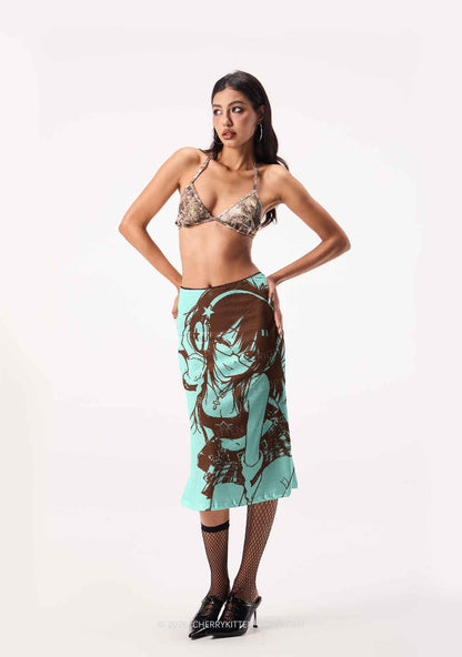 Brown Anime Girl On Mint Green Y2K Print Midi Skirt Cherrykitten